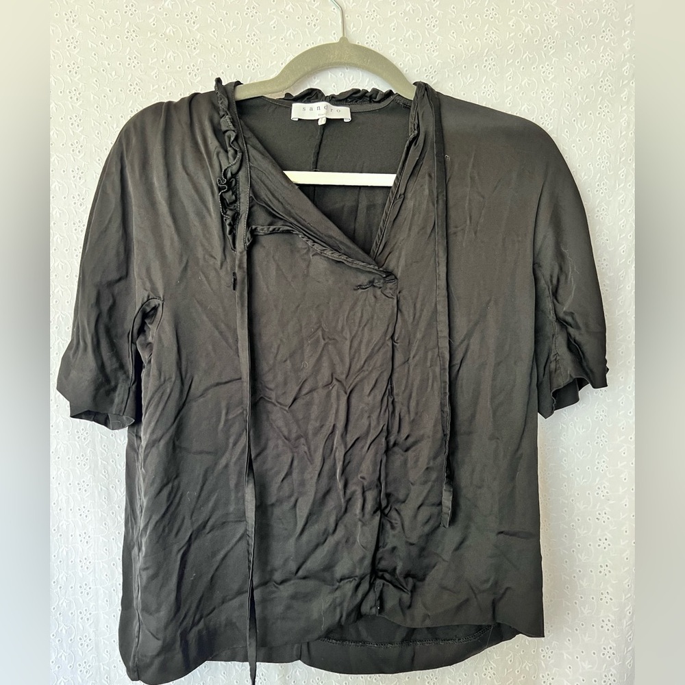Sandro Black Satin Short Sleeve Tie Neck Ruffle Neck Blouse Top Size 1